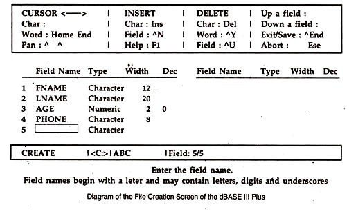 Diagram of the File Creation Screen of the dBASE III Plus
